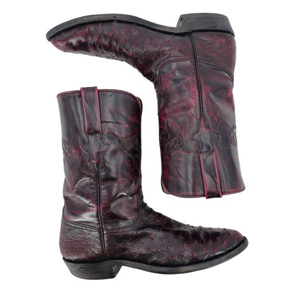 Lucchese FQ Ostrich Exotic Men 9D Black Cherry Leather Cowboy Western Boot Roper - Picture 8 of 14